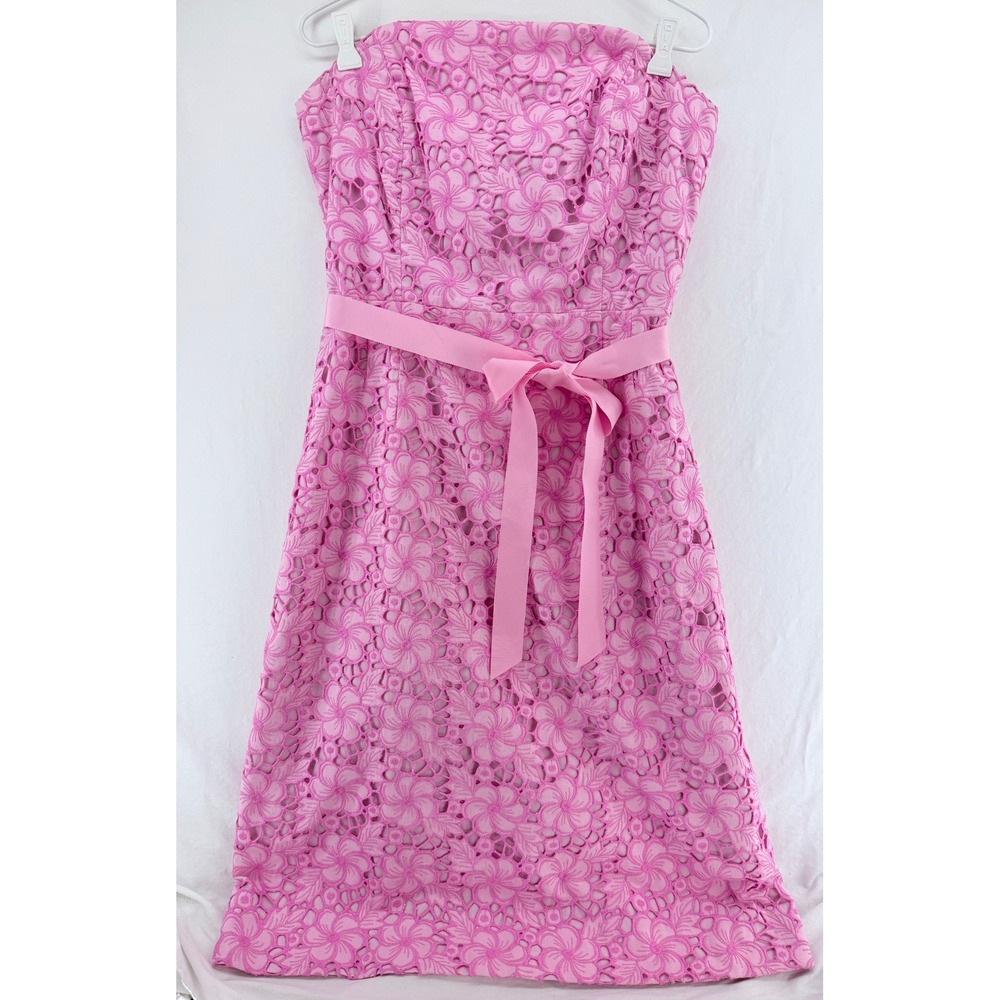 Lilly Pulitzer Pink Floral Eyelet‎ Lace Strapless Dress with Ribbon Belt Size 12 - Picture 2 of 9